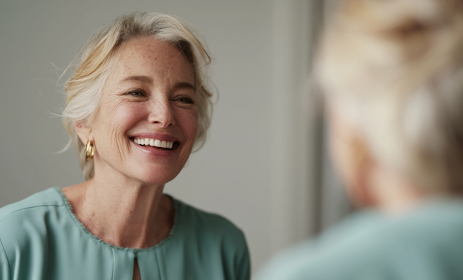 Senior woman smiling in the mirror