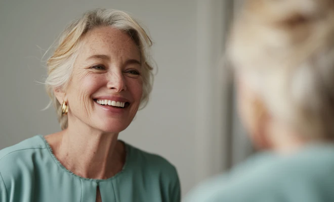 Senior woman smiling in the mirror