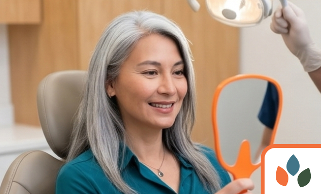 woman smiling in handheld mirror at the dentist