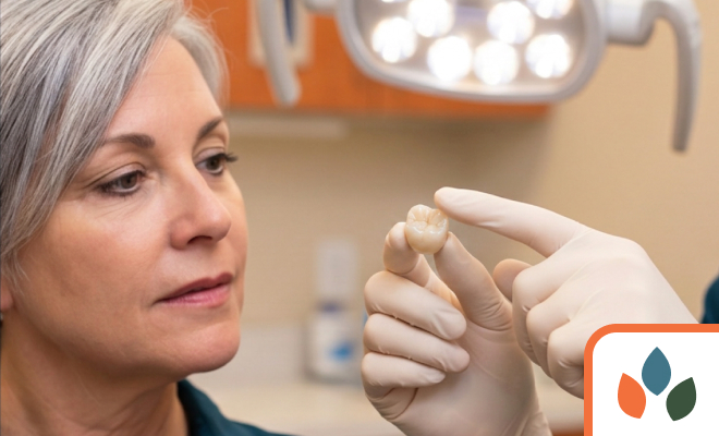 close-up of woman being shown a dental crown