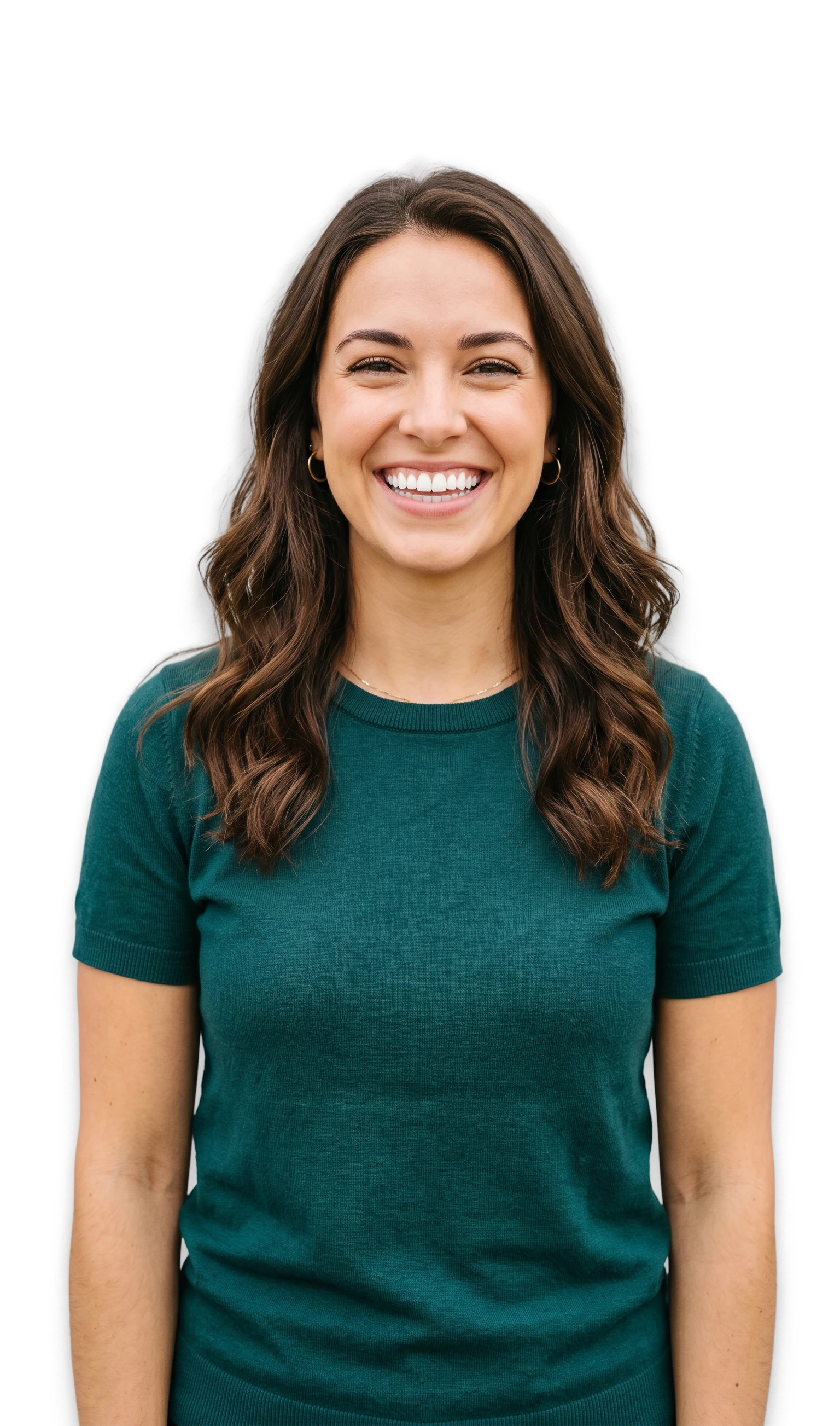 smiling woman with brown hair in green shirt
