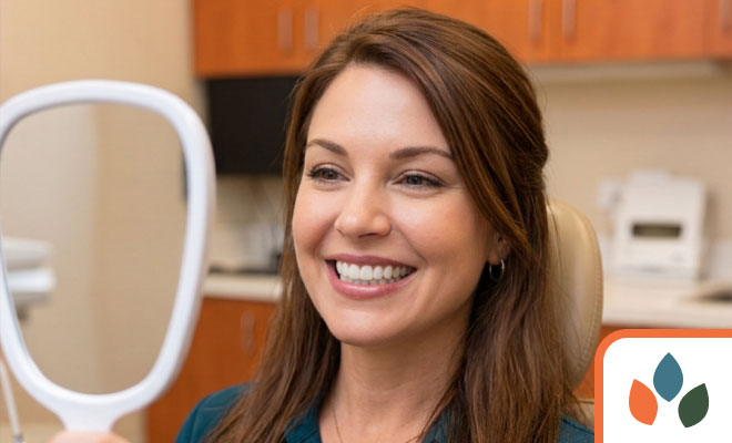 Woman smiling in mirror at the dentist