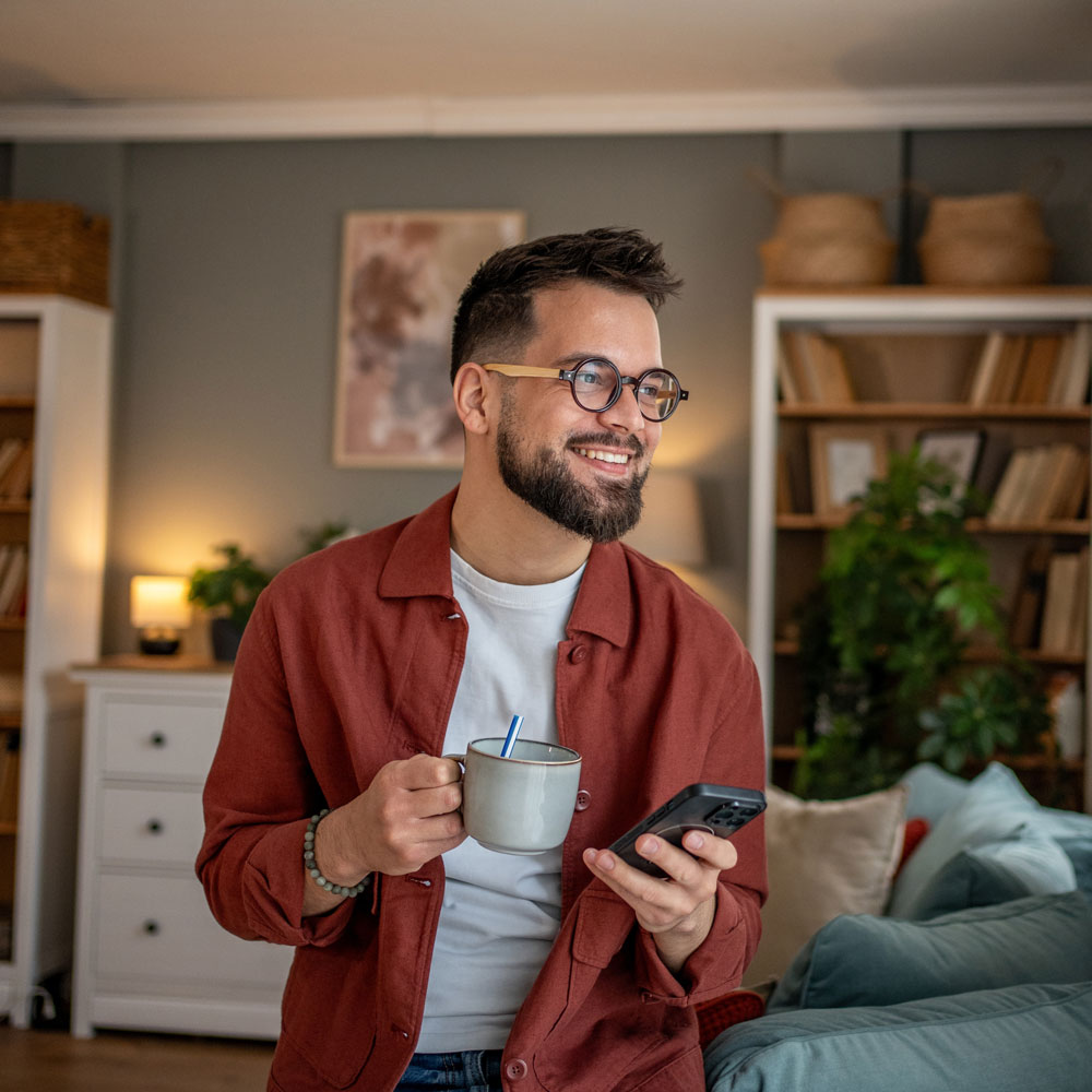 man smiling with mug