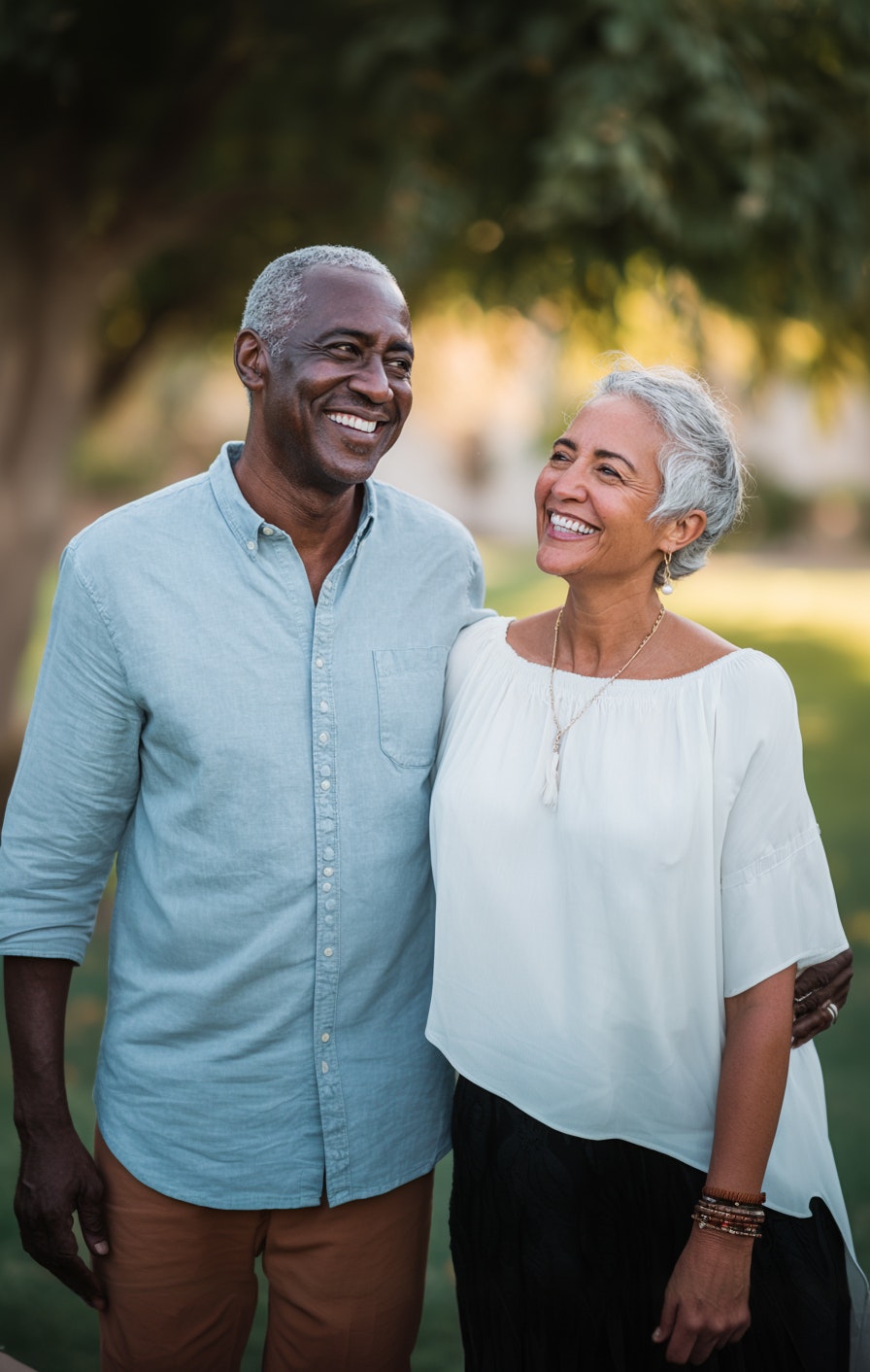 happy couple walking outside