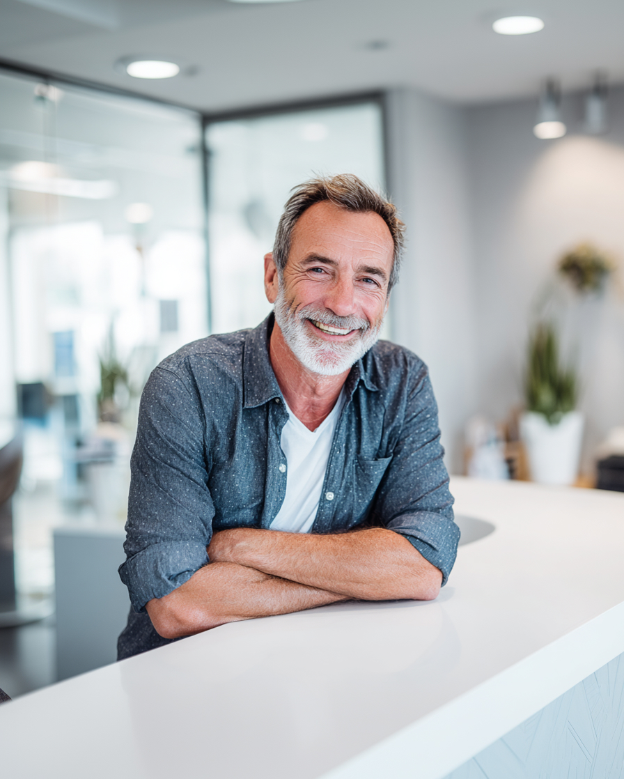 smiling man behind a counter