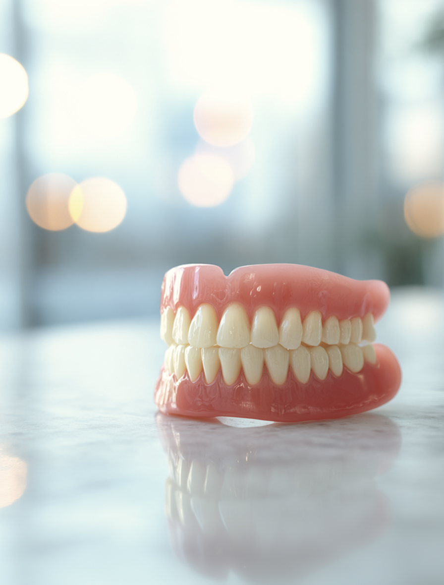full denture sitting on a counter