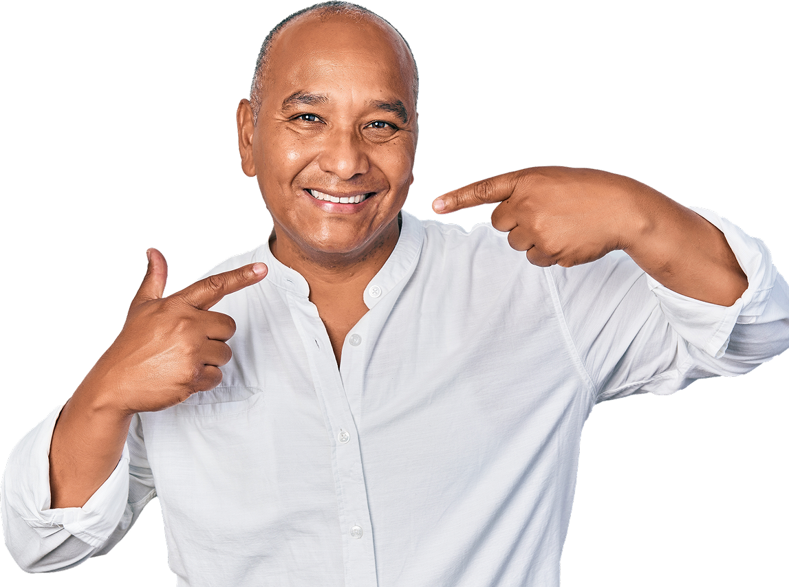 Happy man pointing to his smile