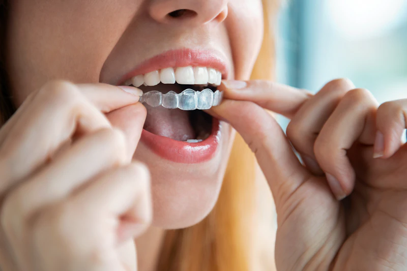 Woman putting on Invisalign aligner