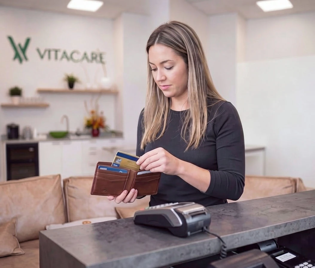woman at Vitacare Dental Centre holding wallet