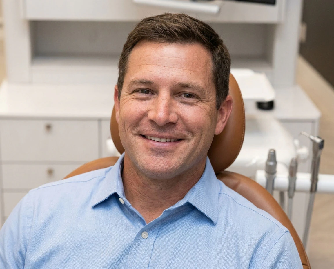 Dark-haired man in dental chair smiling
