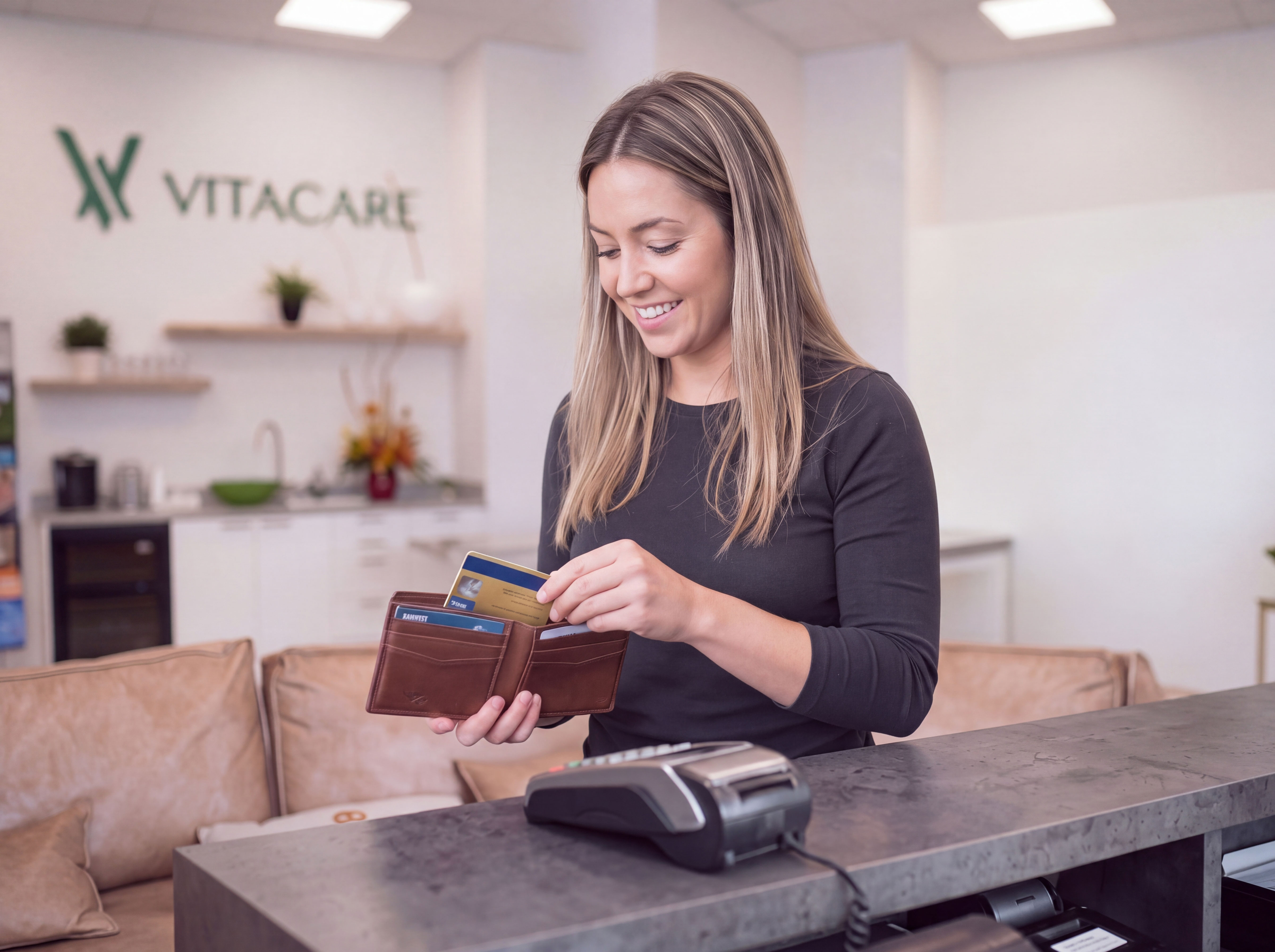 Photo of woman putting card away in her wallet at Vitacare office