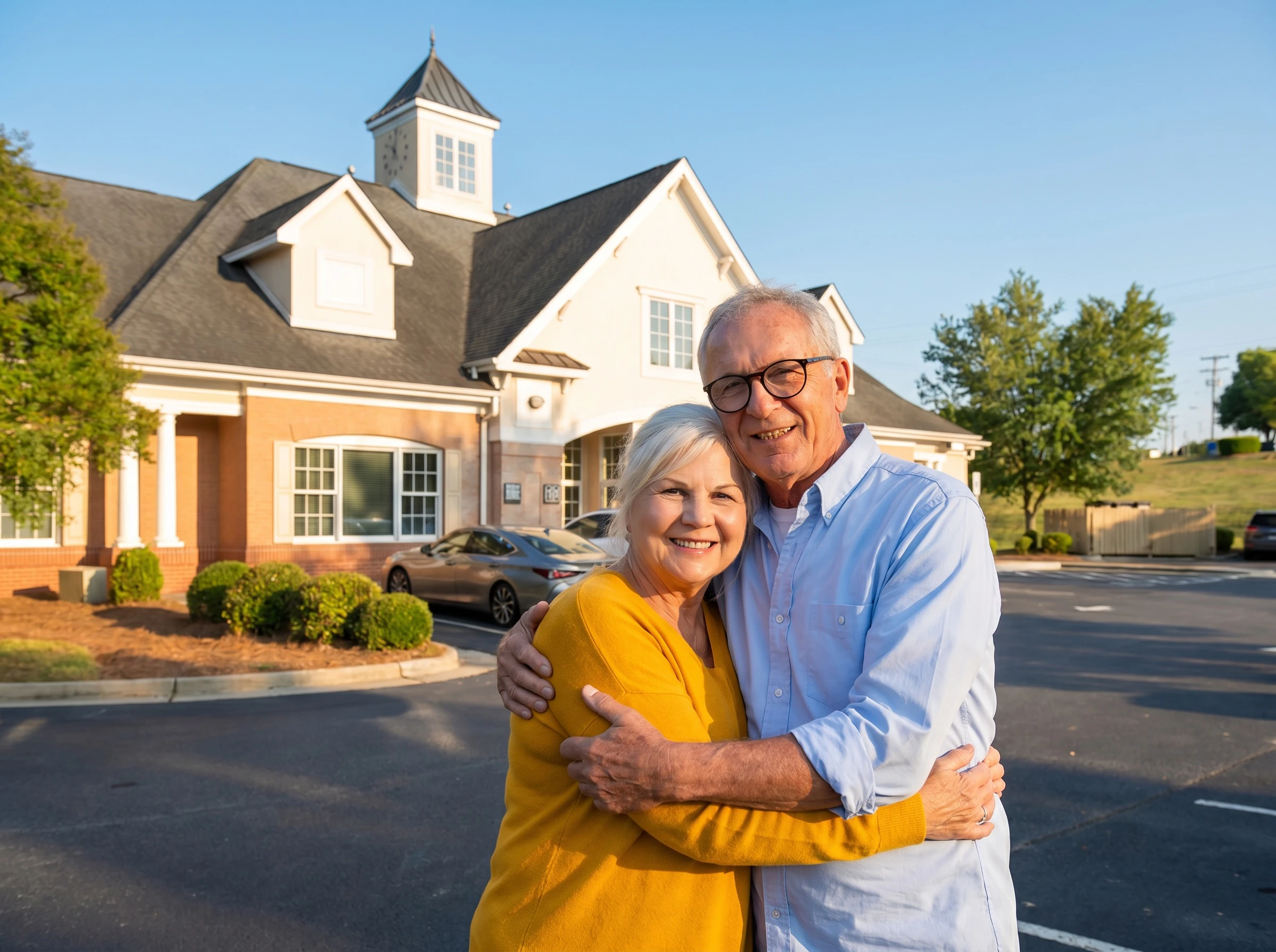 Older couple smiling together in front of office