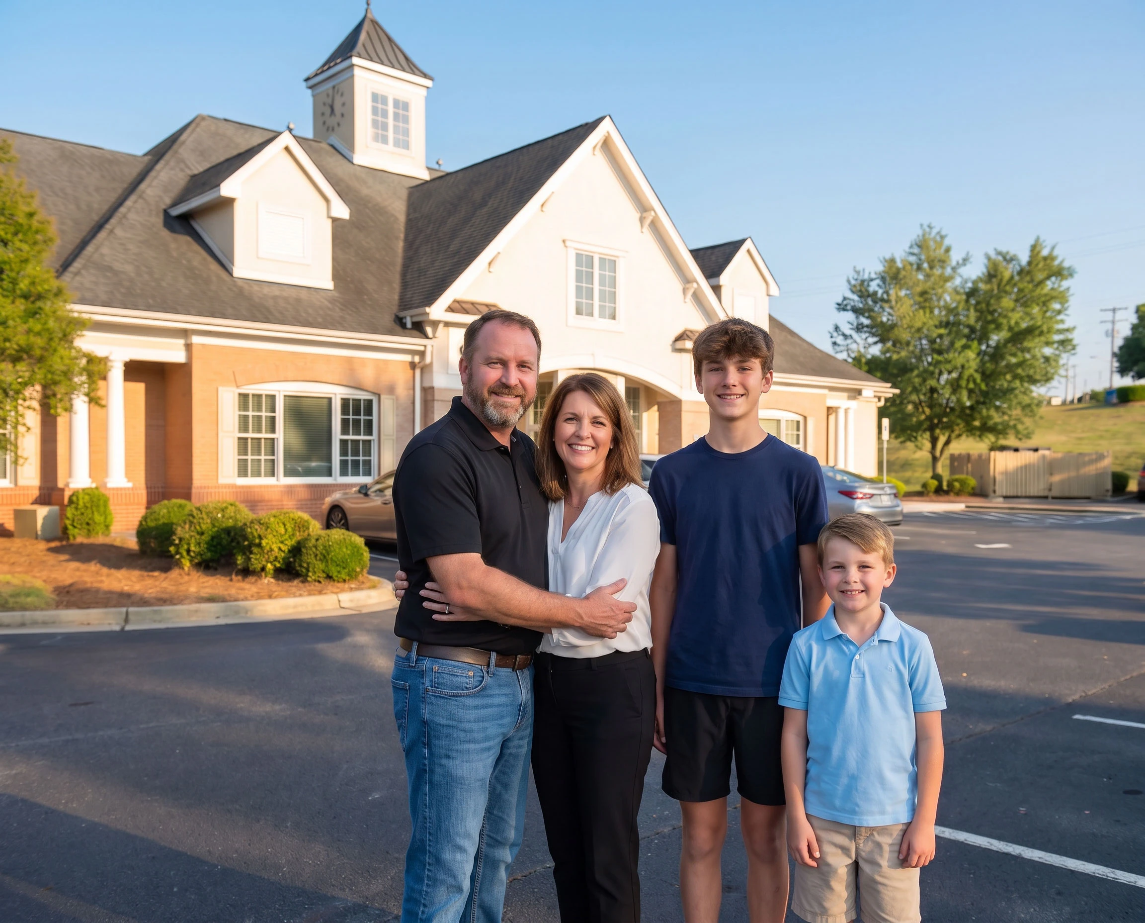 Family standing in front of South Point Family Dentistry office