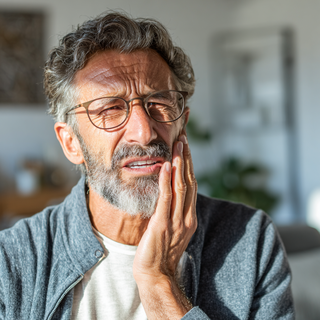 man with glasses holding jaw in pain