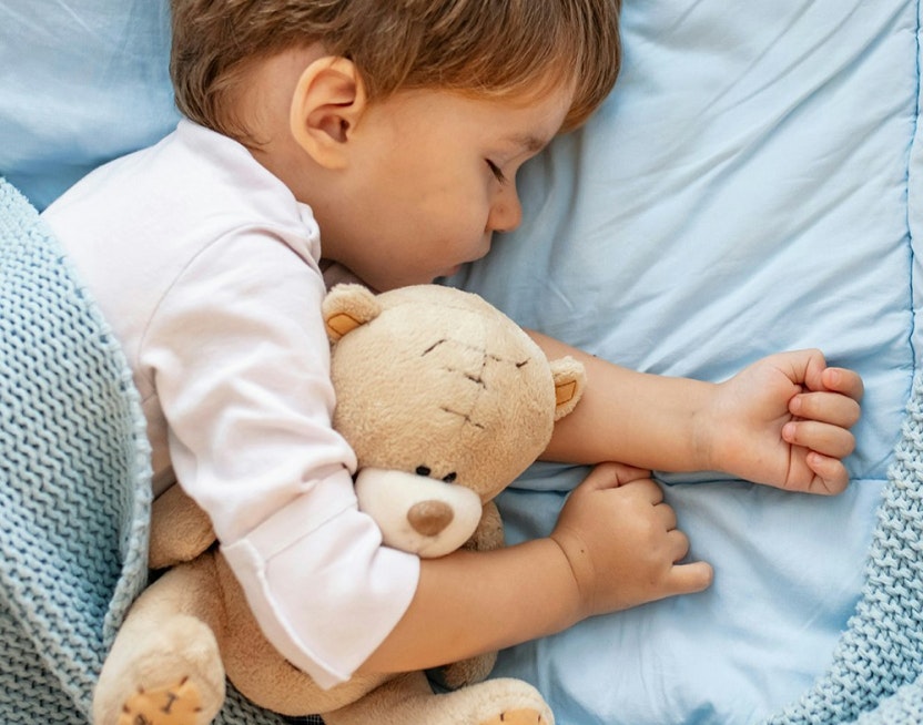 little boy sleeping with a teddy bear