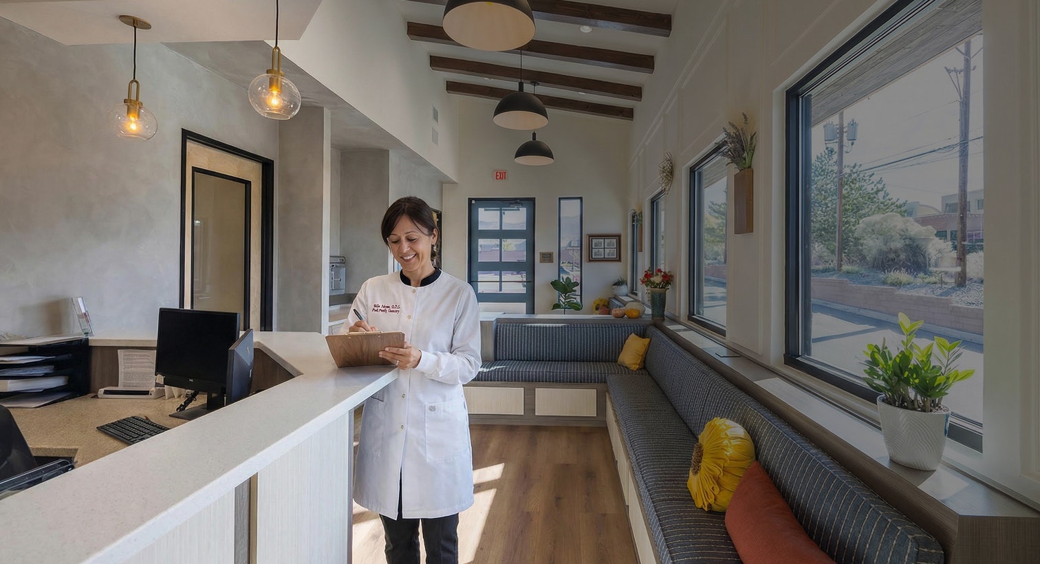 Dr. Adams at the front desk