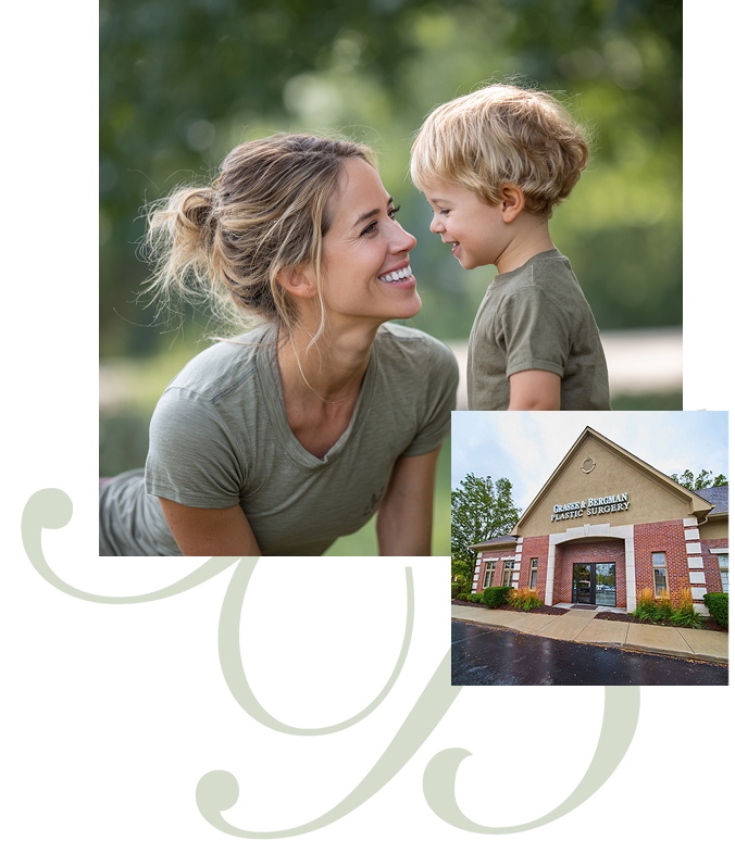 mother with her son and office exterior