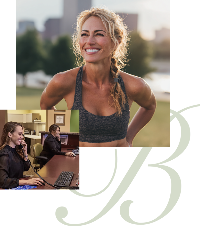 athletic woman and our front desk team