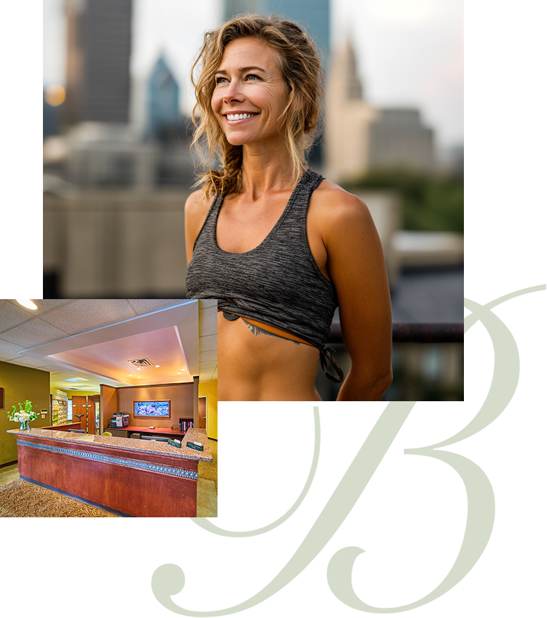 smiling athletic woman and office imagery