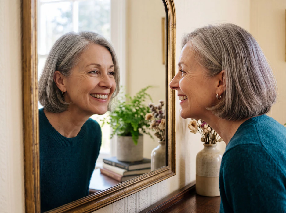 woman smiling in mirror