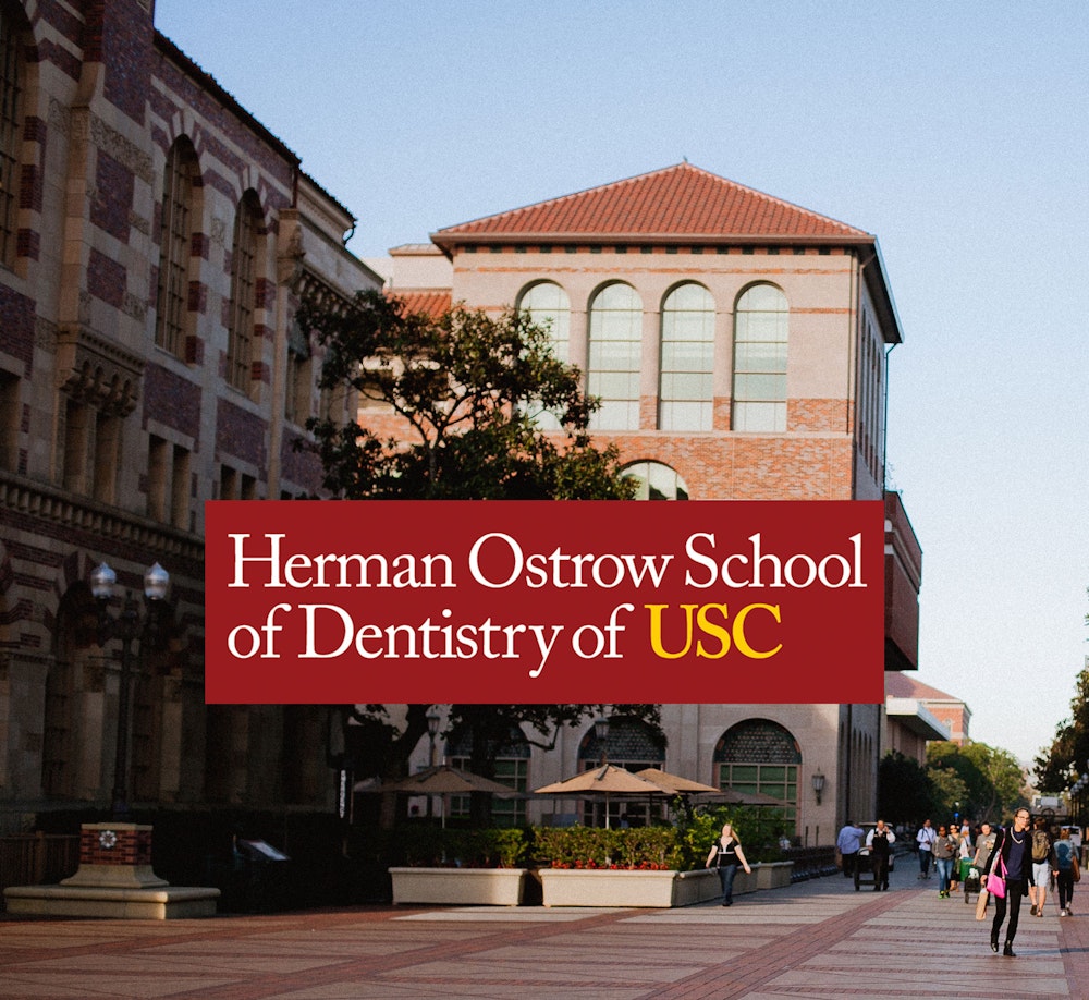 Herman Ostrow School of Dentistry of USC logo over a picture of USC