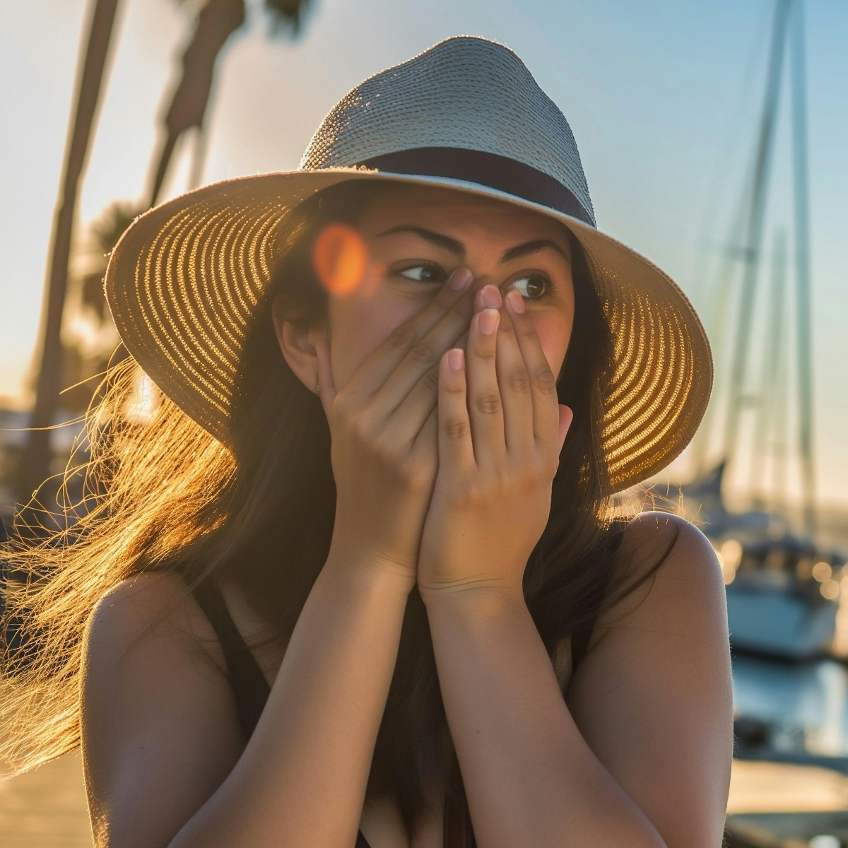 Woman checking breath