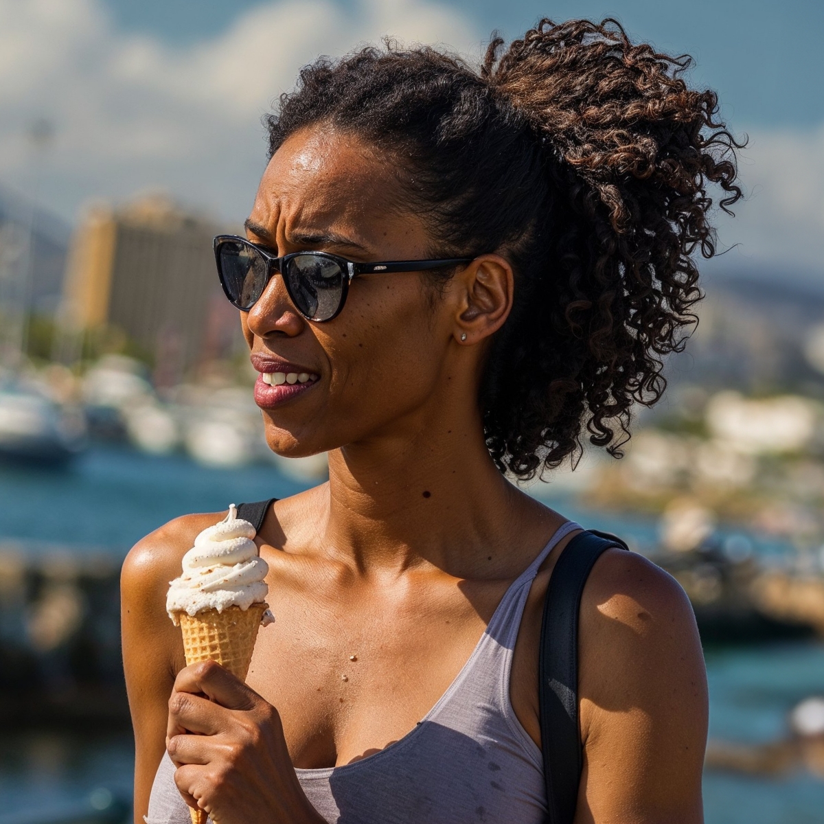 Woman grimacing in pain after eating ice cream
