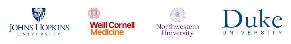 Logos for Johns Hopkins University, Weill Conrell Medicine, Northwestern University, Duke University