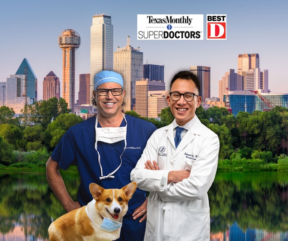 Drs. Chen and Cribbins with Marty and a background of Dallas Texas at night