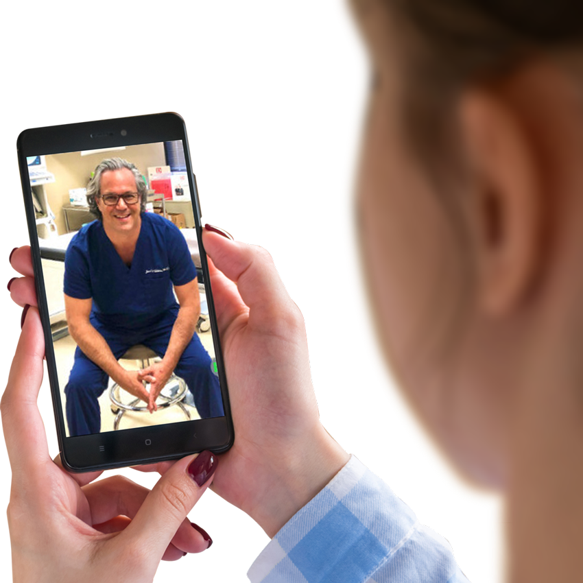 Patient on phone having a video call with Dr. Cribbins