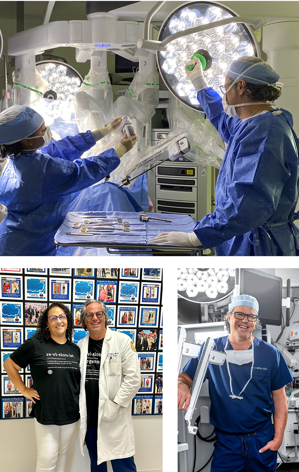 collage of Dr. Cribbins, operating room, and a patient