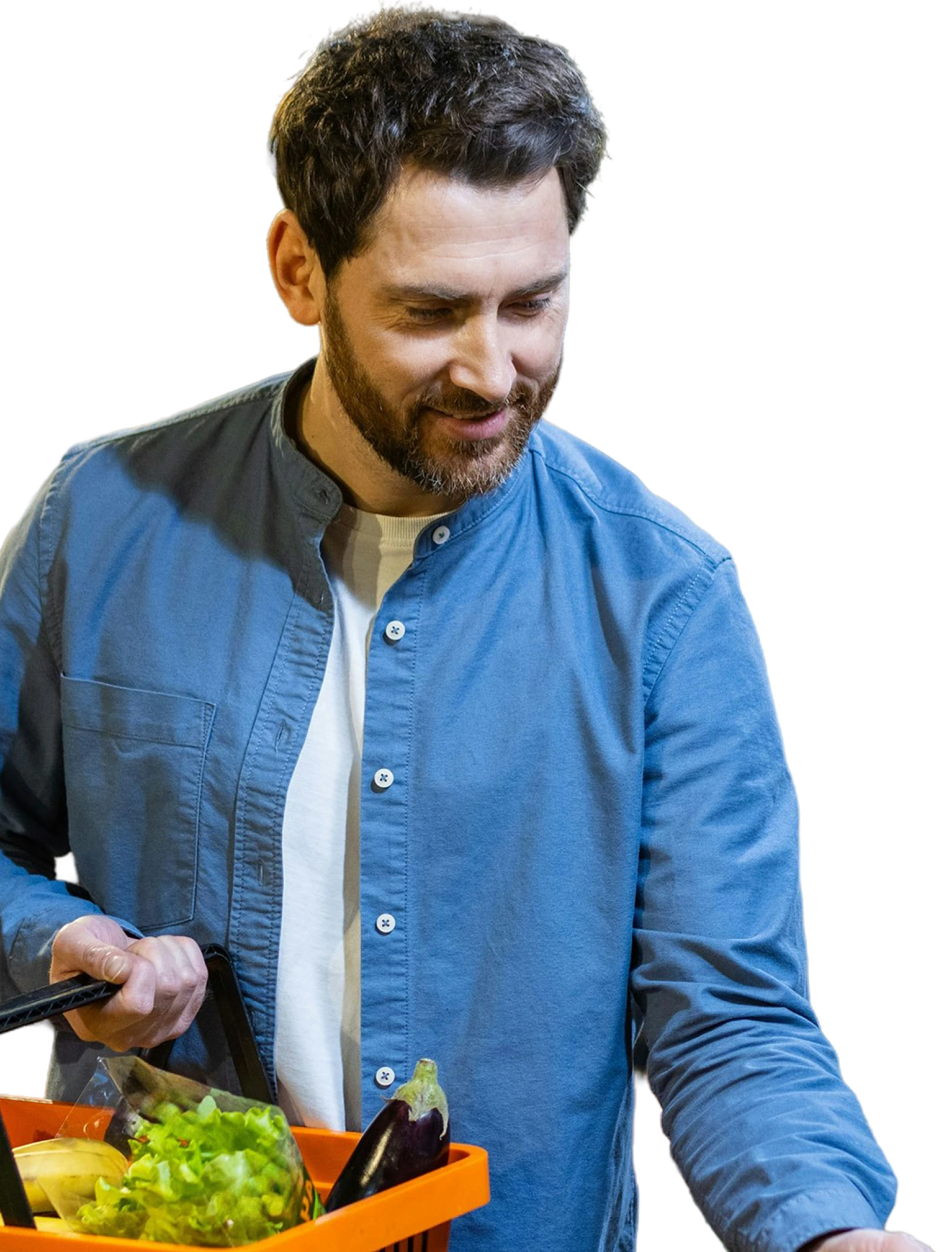 Man holding grocery basket of produce