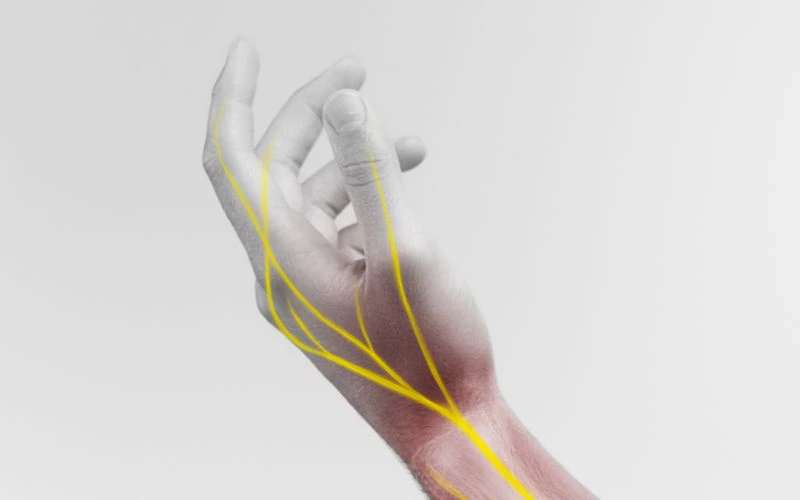 Hand with nerves shown in yellow