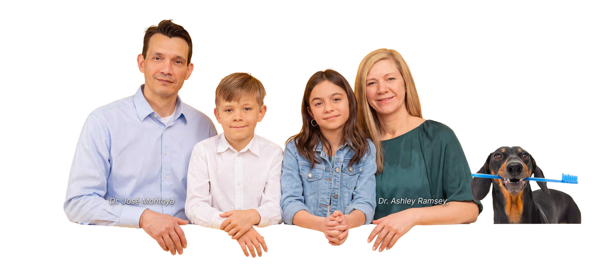 Dr. José Montoya and Dr. Ashley Ramsey with their two children and their dachshund holding a toothbrush