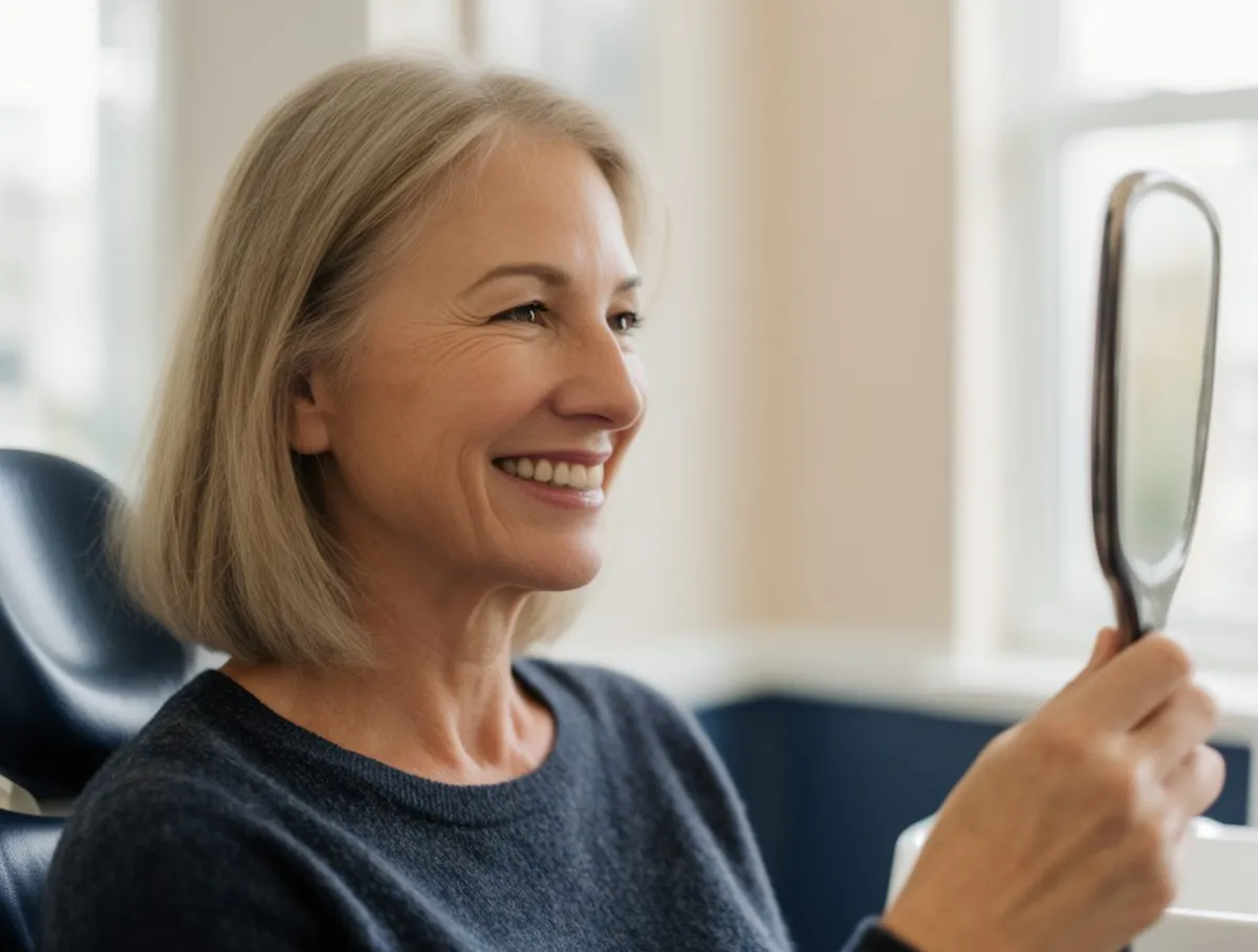 Woman smiling at her reflection in a hand mirror at the dental office