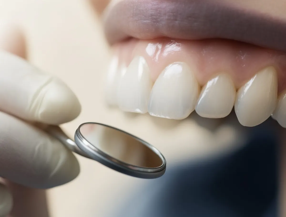 Close-up of healthy front tooth enamel beside a dentist