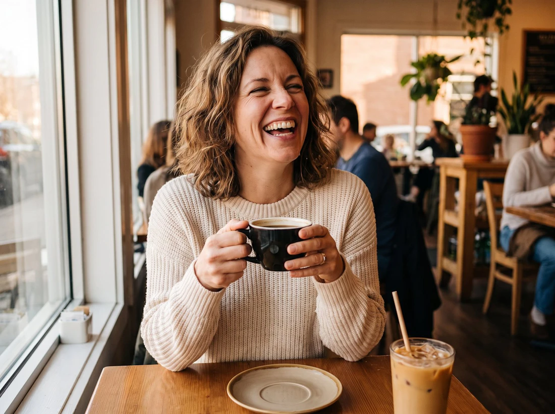 Woman laughing over a cup of coffee, showing a bright white smile