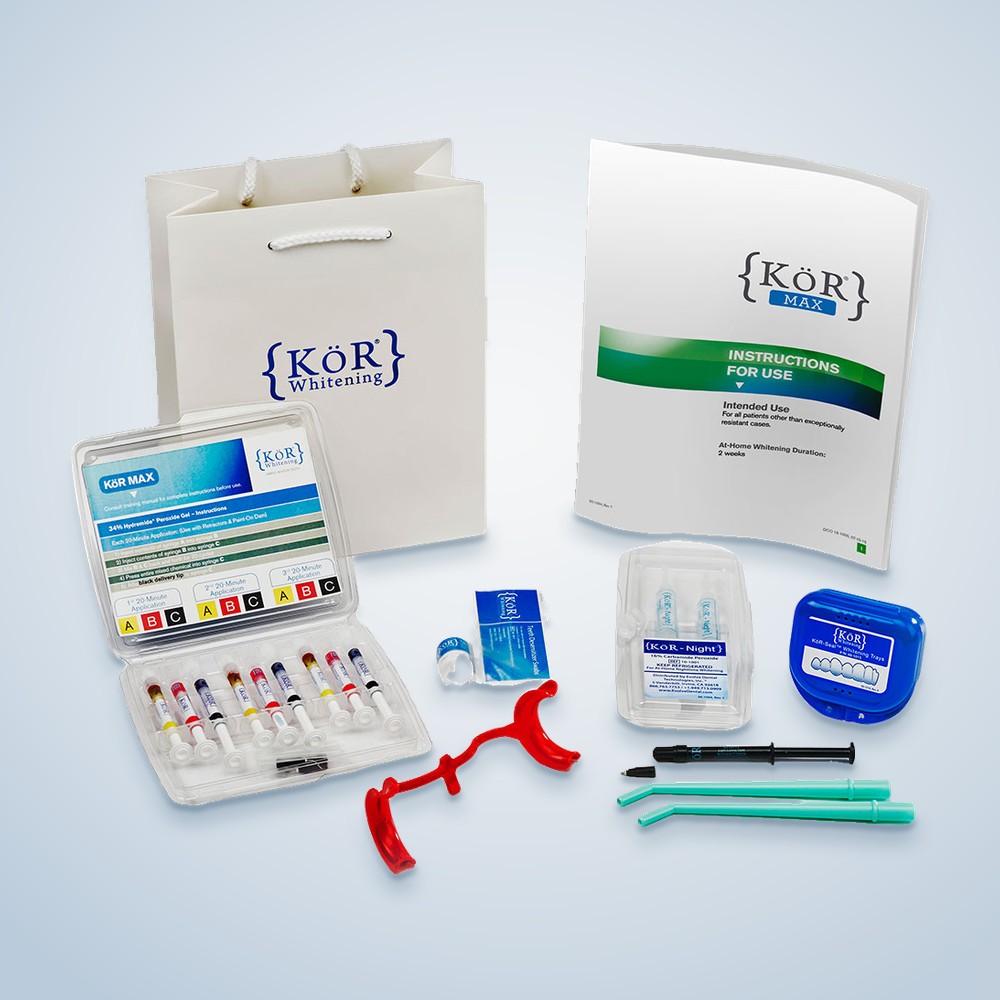 KöR Max in-office teeth whitening kit with custom trays and whitening gel
