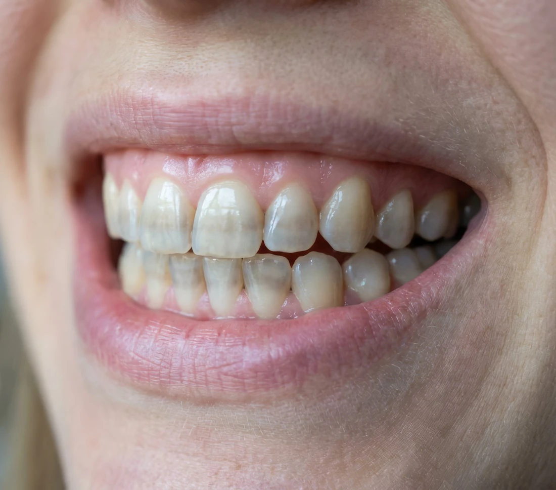 Smile with grayish intrinsic discoloration showing through the tooth enamel