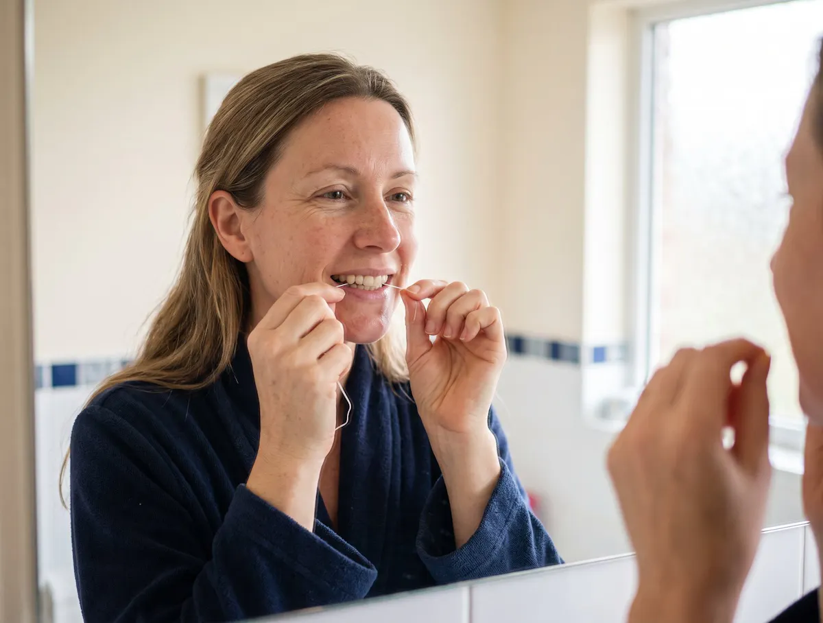 Woman flossing between her front teeth at a bathroom mirror