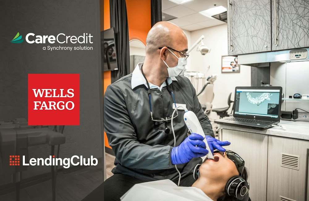 Dr working on patient with CareCredit, LendingClub, and Wells Fargo logos