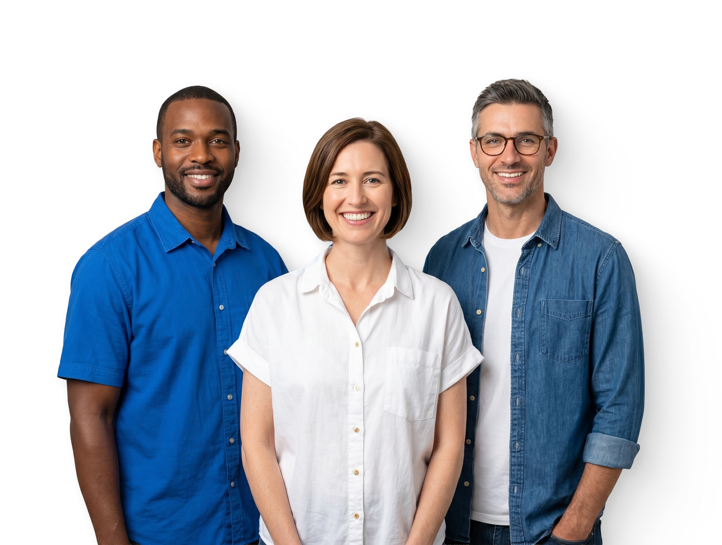 two men and one woman in the middle smiling