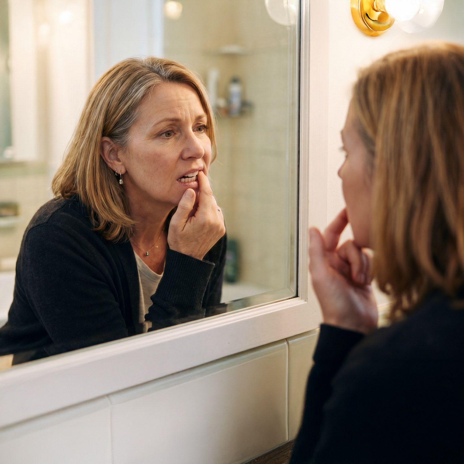 woman examining tooth in the mirror