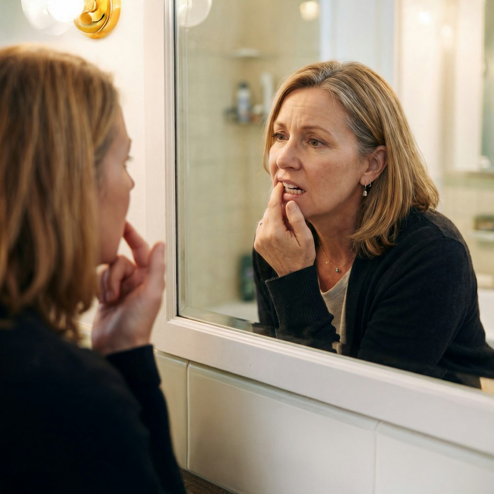 woman examining tooth in the mirror