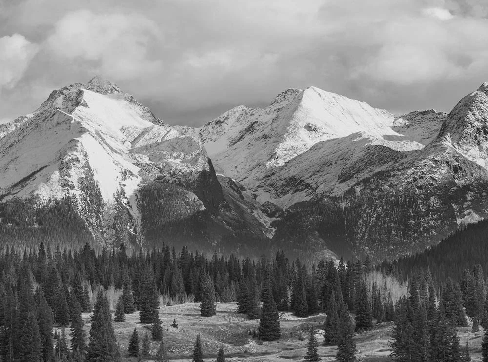 Black and white photo of Colorado mountains