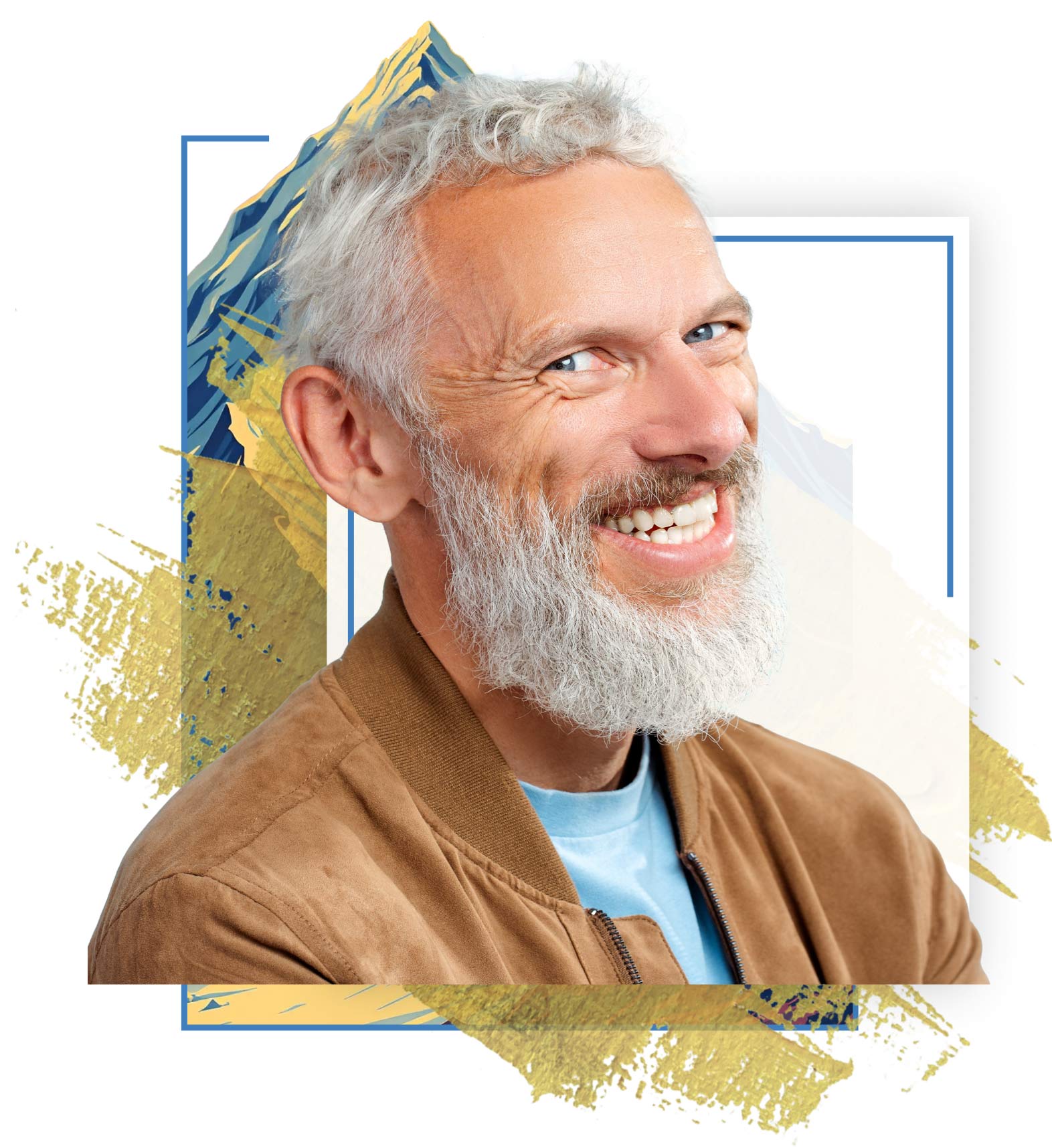 Smiling gray-haired man with a full beard, wearing a brown jacket, set against an abstract mountain and brushstroke graphic background.