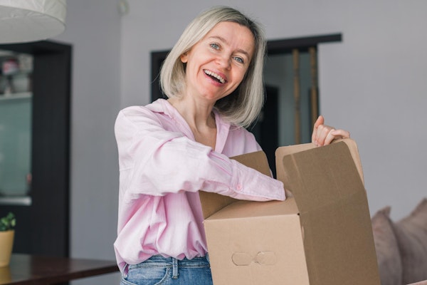 Mature woman smiling while going through open package