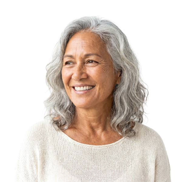 smiling woman with silver hair