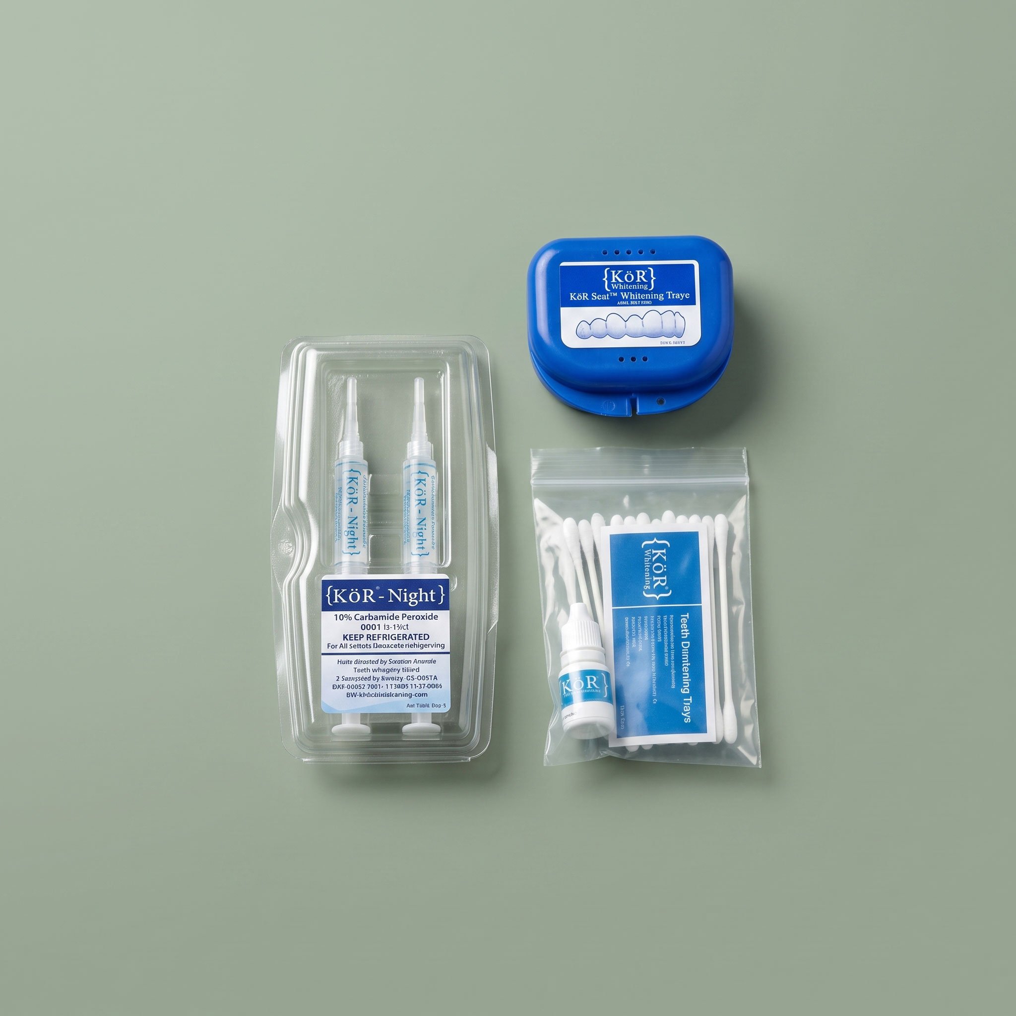 Kor teeth whitening kit against a sage background