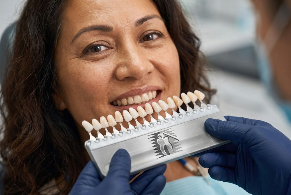 dentist matching veneers to patient enamel